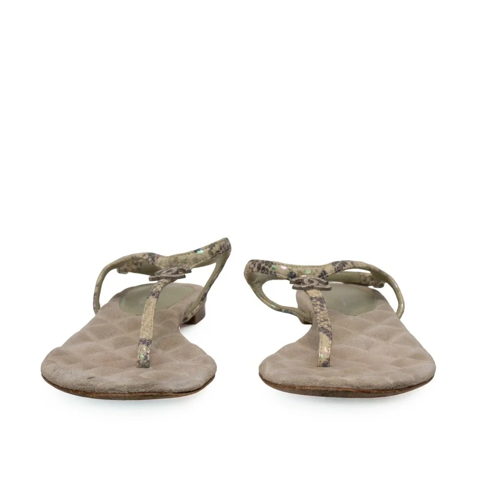 Chanel Green Python Embossed Leather T-Strap Sandals – Size EU 39C / US 8